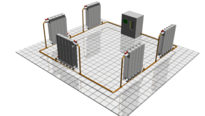 L'eau chaude s'écoule séquentiellement de la chaudière de chauffage à travers tous les radiateurs et revient